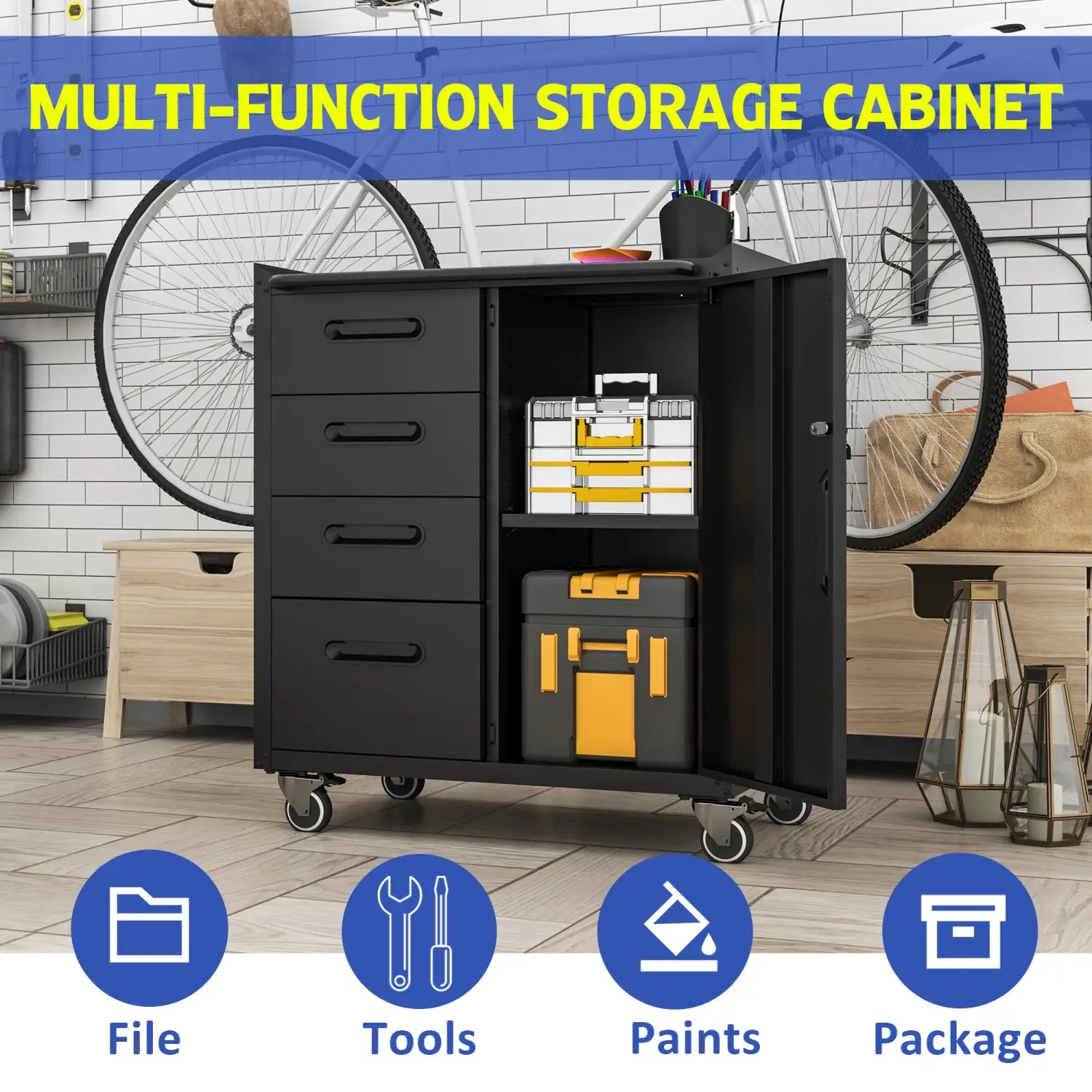 Black metal tool storage cabinet with four drawers and a door on wheels featuring organized compartments holding toolboxes for multi-function use.