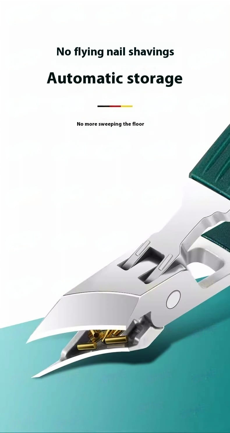 Bevel nail clippers 3 piece anti splash set featuring a silver and green automatic nail clipper with built-in storage for convenient mess-free use.