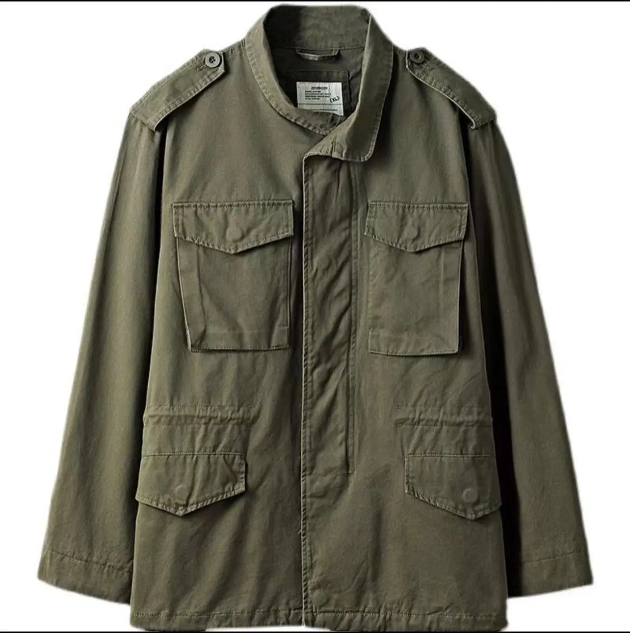 Men’s vintage olive green cotton military field overalls jacket featuring buttoned flap pockets and shoulder epaulets.