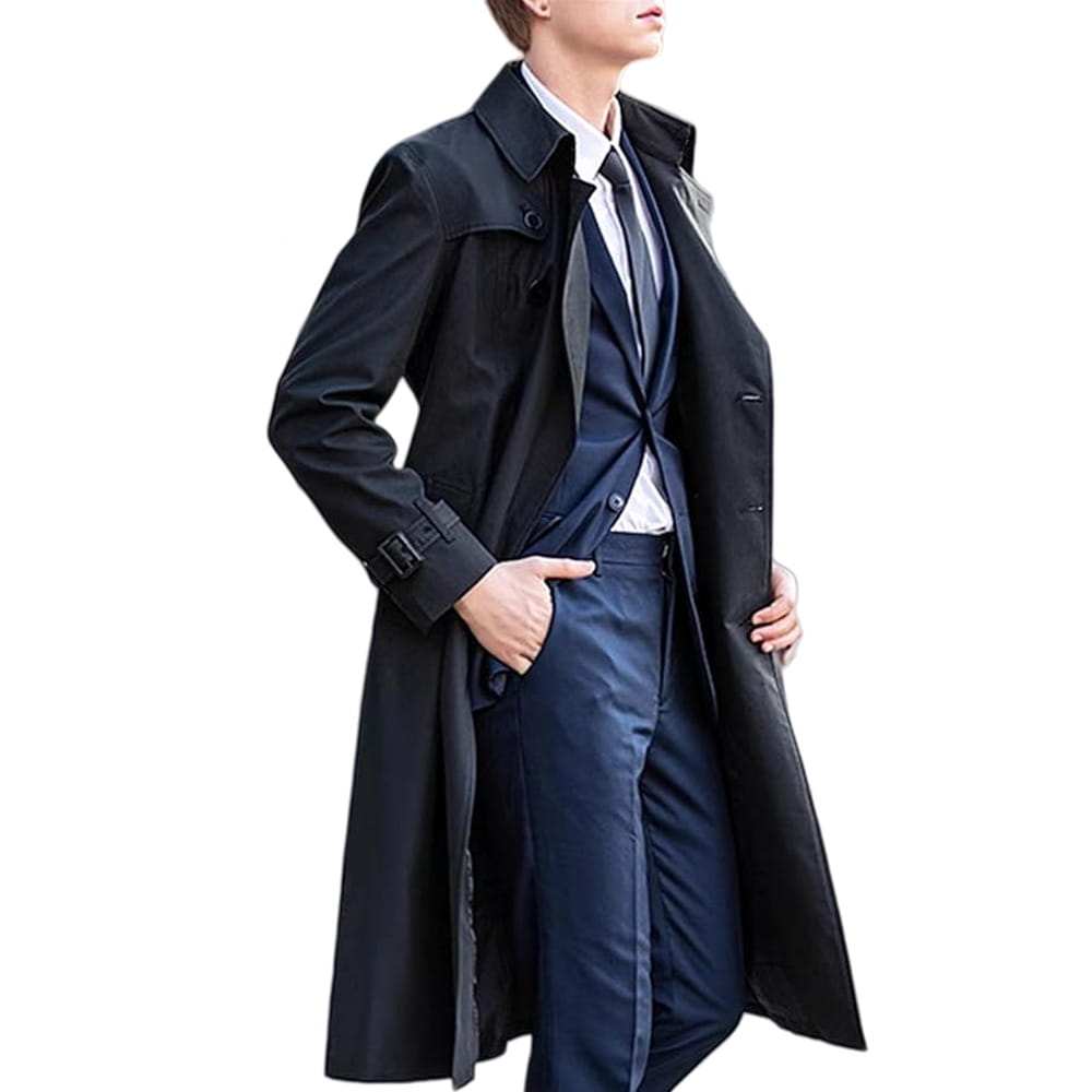 Men solid color long trench coat in black featuring a classic collar, belted waist, and double-breasted front.