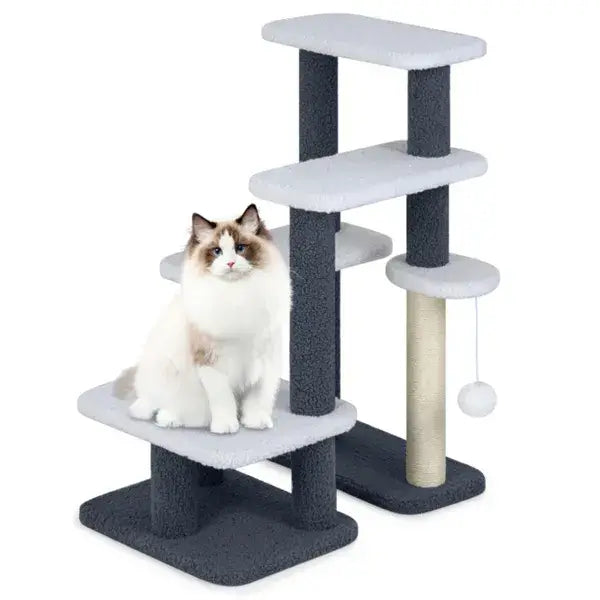 Gray and white cat stairs with sisal scratching posts and a dangling ball toy featuring four levels for cats.