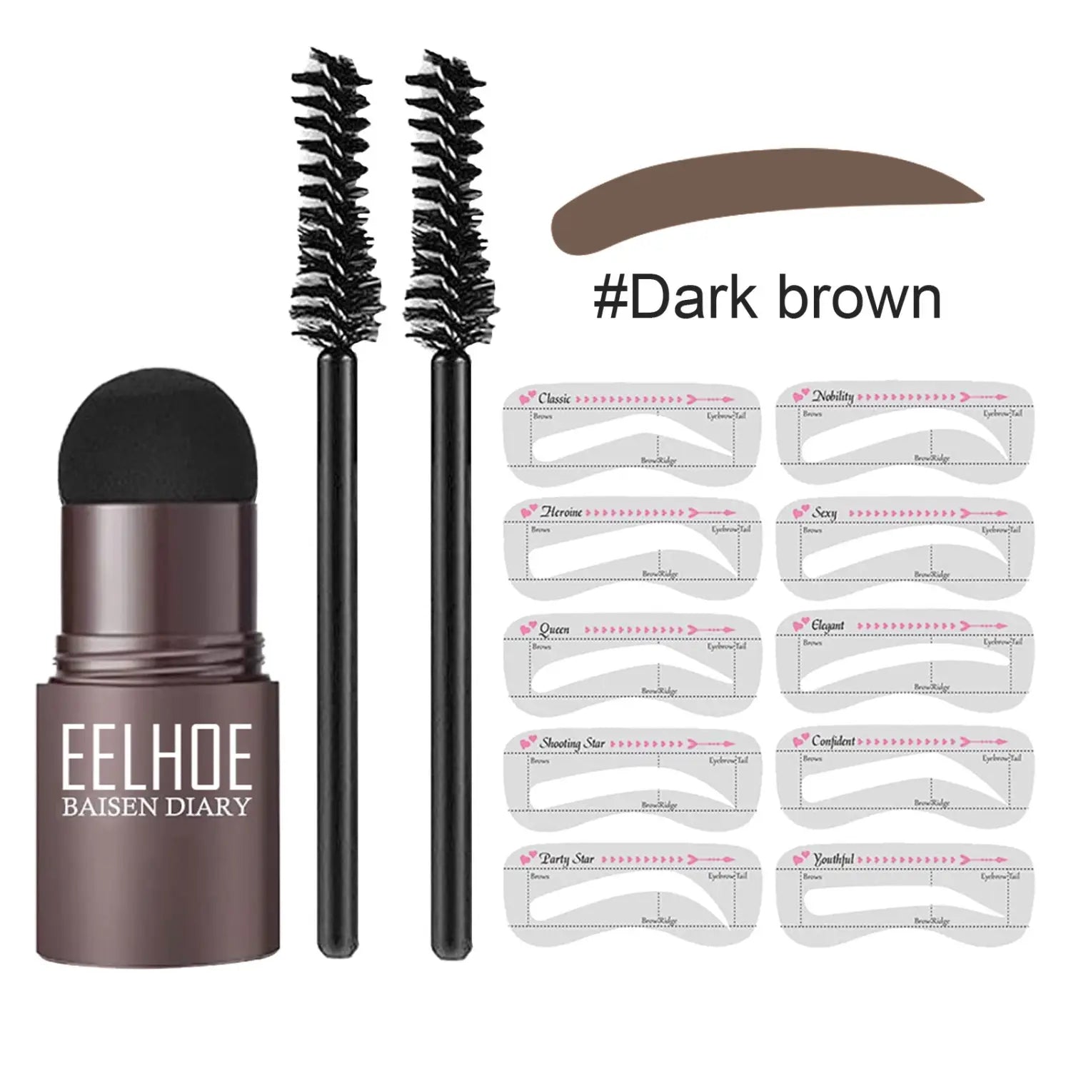 Dark brown eyebrow pencil with black brush applicator and matching stencil templates from the eyebrow powder stencil kit with stamp and pencil for precise shaping and filling.