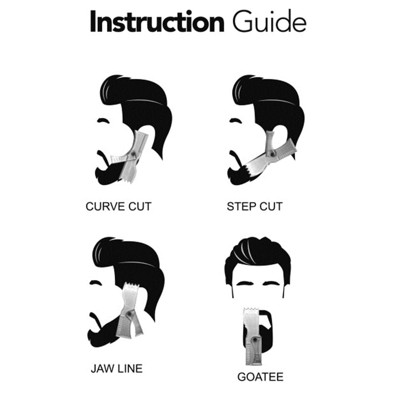 Instruction guide illustrating four distinct beard trimming techniques curve cut step cut jaw line and goatee using a black beard shaping template comb with 360 degree rotation.