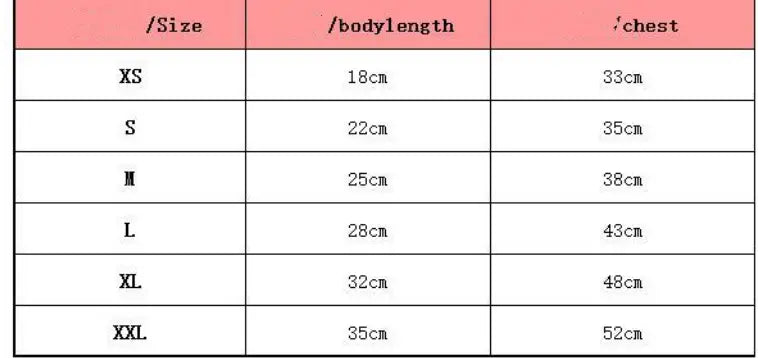 Size chart for denim dog jacket strawberry embroidery puppy vest showing garment measurements in centimeters from size XS to XXL.