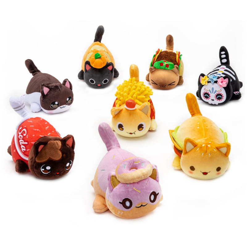 cute plush cat toys featuring soft colorful fabric bodies designed as food items including a donut taco and soda can for children 25cm stuffed animal toy