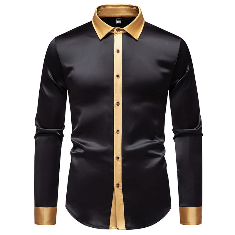 Camisa de manga larga colorblock de satén negro con vivos dorados en la tapeta del cuello y los puños