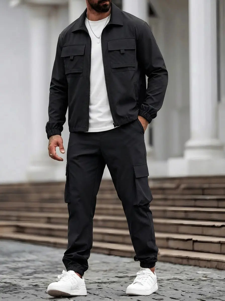 Mens utility zip up workwear set featuring a black utility jacket with two chest pockets and elastic cuffs.