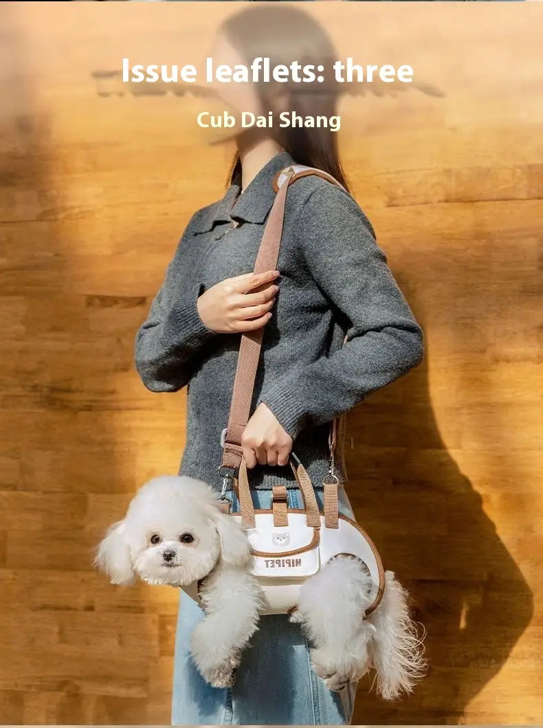 white and tan portable pet crossbody handbag mesh dog carrier made of soft fabric with a cute face design
