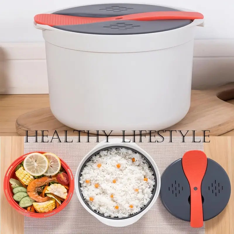 white microwave rice cooker 2l steamer with strainer spoon featuring a sleek modern design gray lid and orange handle.