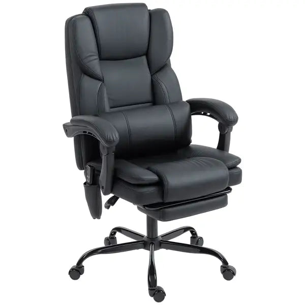 Black leather massage office chair with adjustable armrests footrest and high back shown from the front.