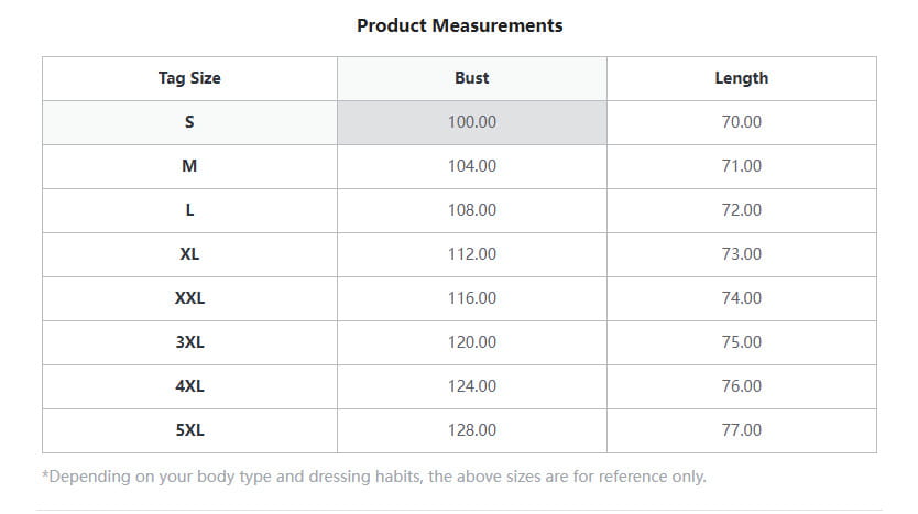 Tableau des mesures du produit indiquant les dimensions de poitrine et de longueur pour le haut décontracté en lin pour femmes, manches trois-quarts, disponible en tailles S à 5XL.