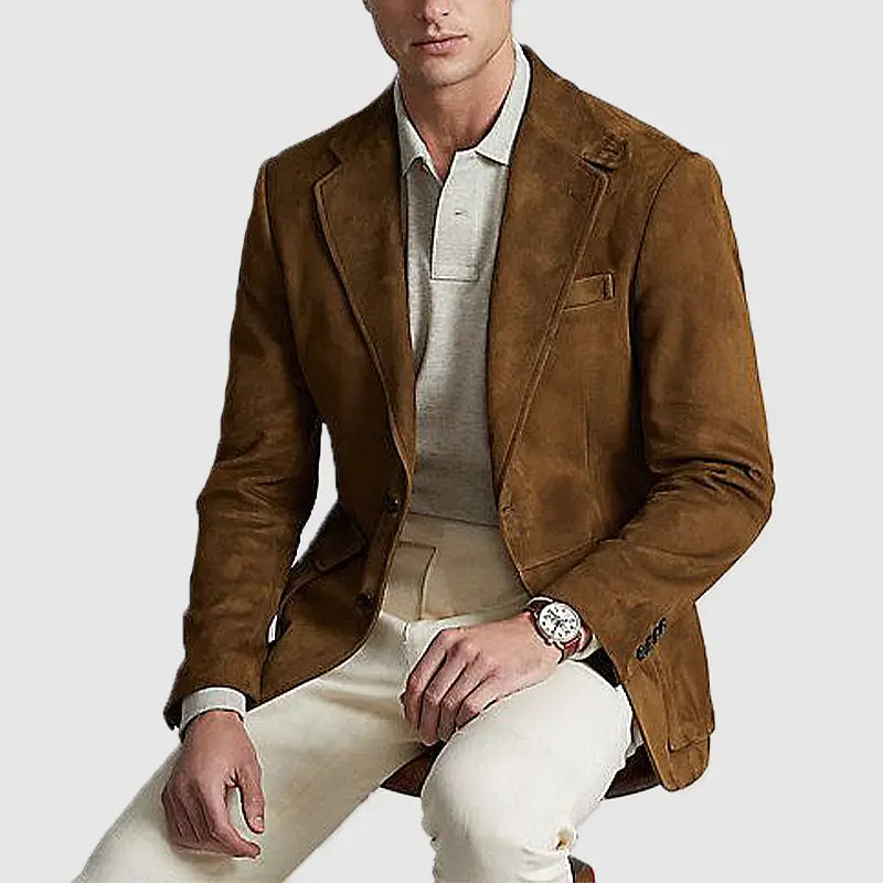 brown suede double button blazer jacket with a classic fit and subtle texture