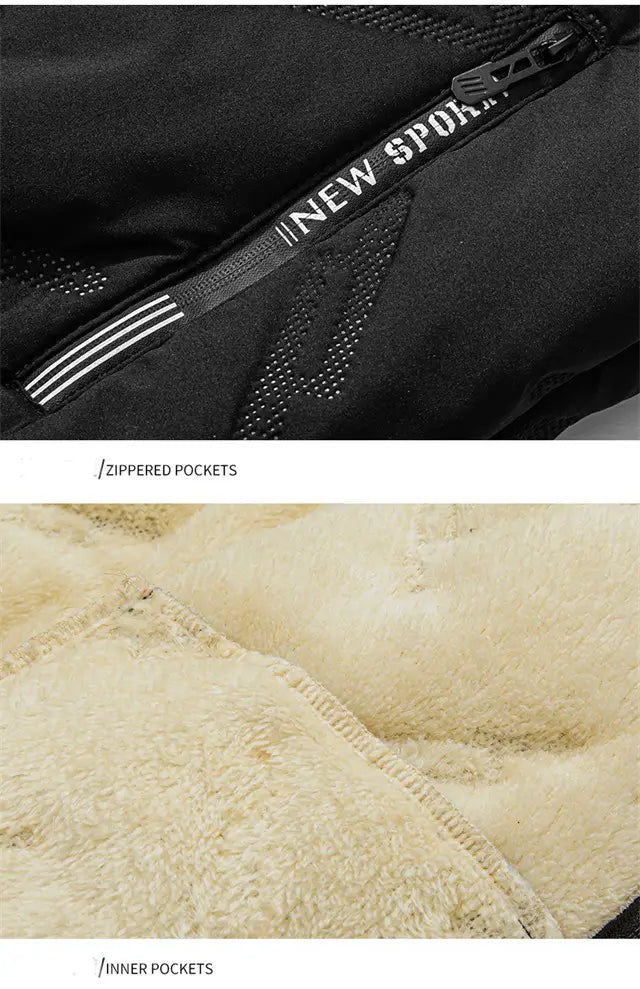 Men’s black graphene quilted winter jacket with white zipper pull, three horizontal stripes, and plush cream-colored fleece lining.