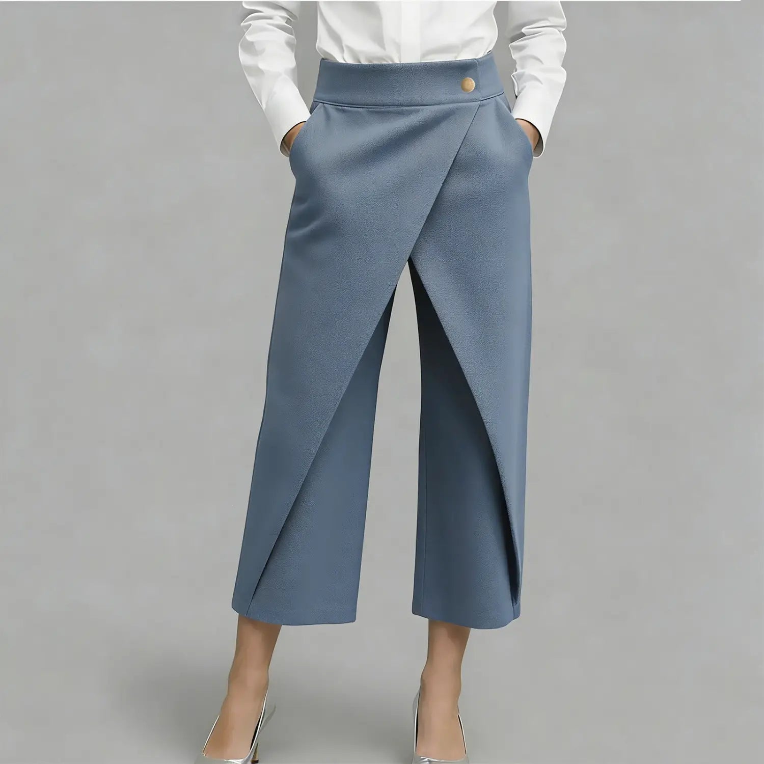 High-Waist-Wide-Leg-Hosen in Blau mit drapiertem Vorderteil und goldfarbenem Knopf am Bund.