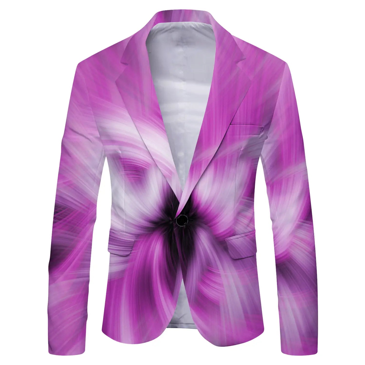 Mens slim fit casual blazer british style suit featuring a vibrant purple and white abstract floral pattern with a single black button closure.