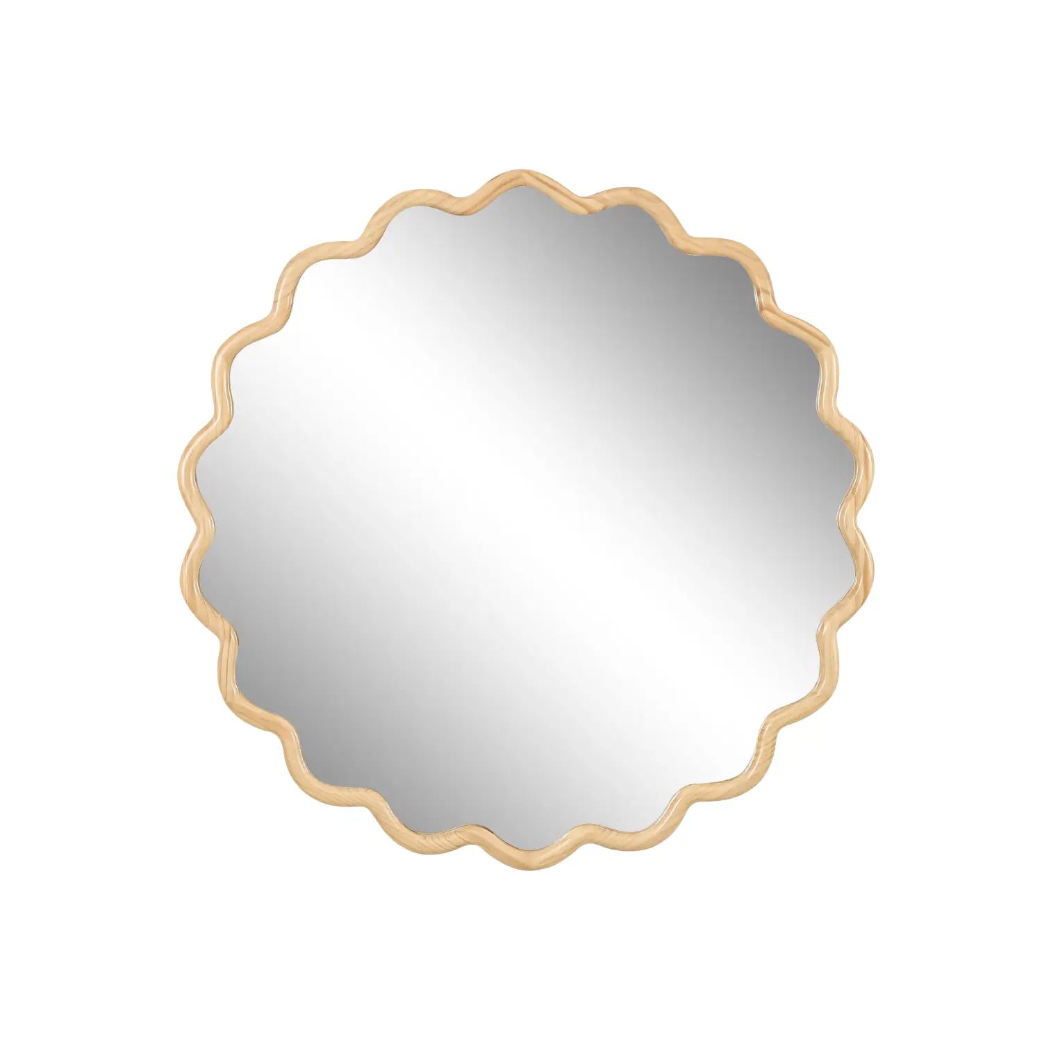 A round solid wood mirror with a gold-toned scalloped wavy frame measuring 31 inches ideal for decorative wall decor.