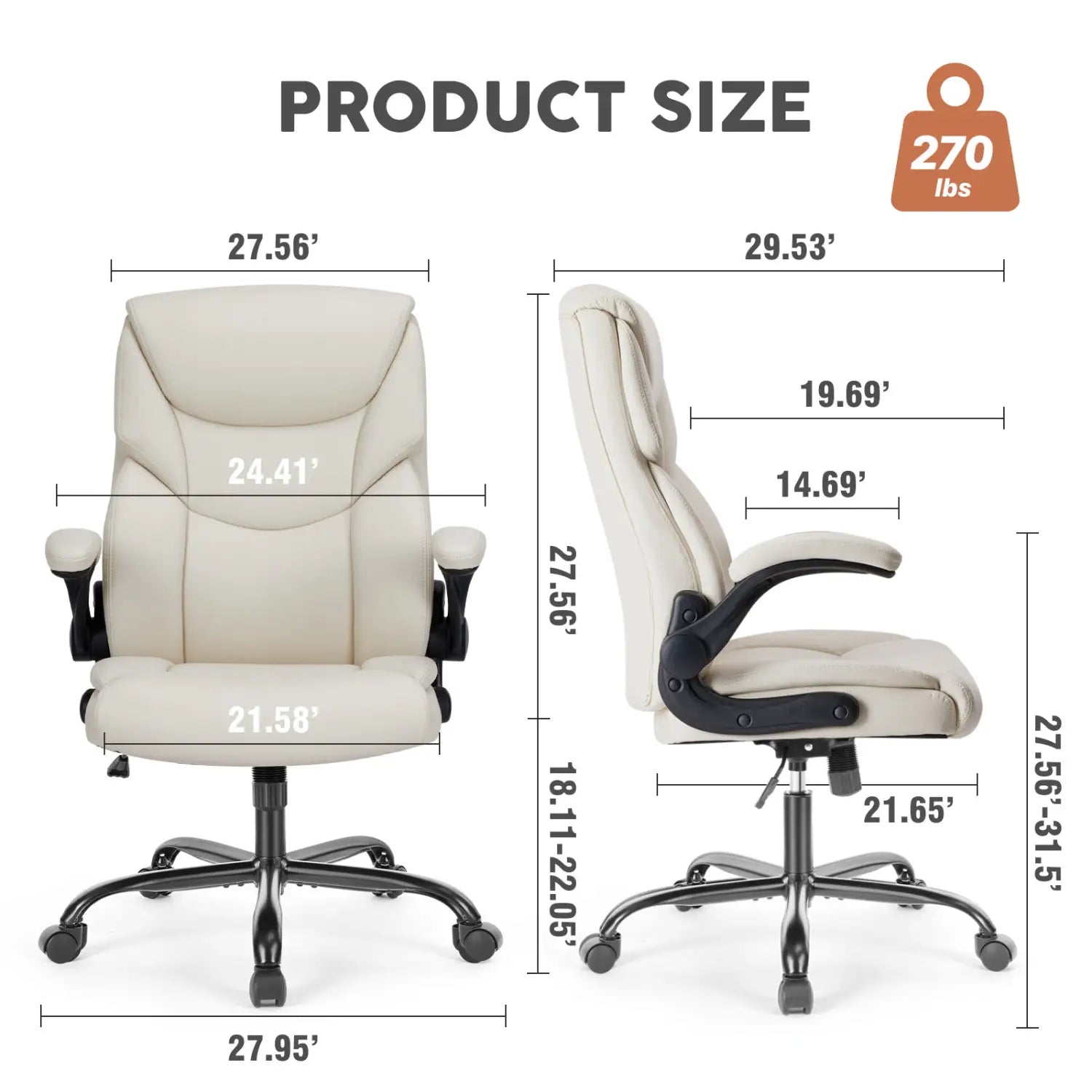 Silla de oficina ergonómica de polipiel color crema con brazos abatibles y estructura metálica negra con ruedas giratorias (casters).