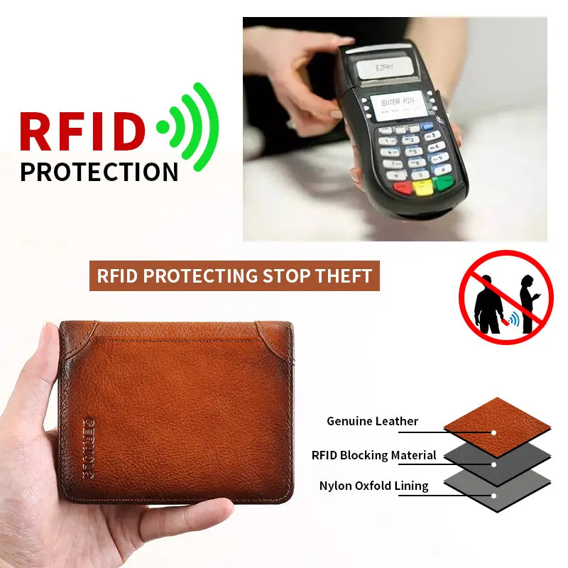 Brown genuine leather men’s RFID leather wallet with zip coin pocket and nylon oxford lining