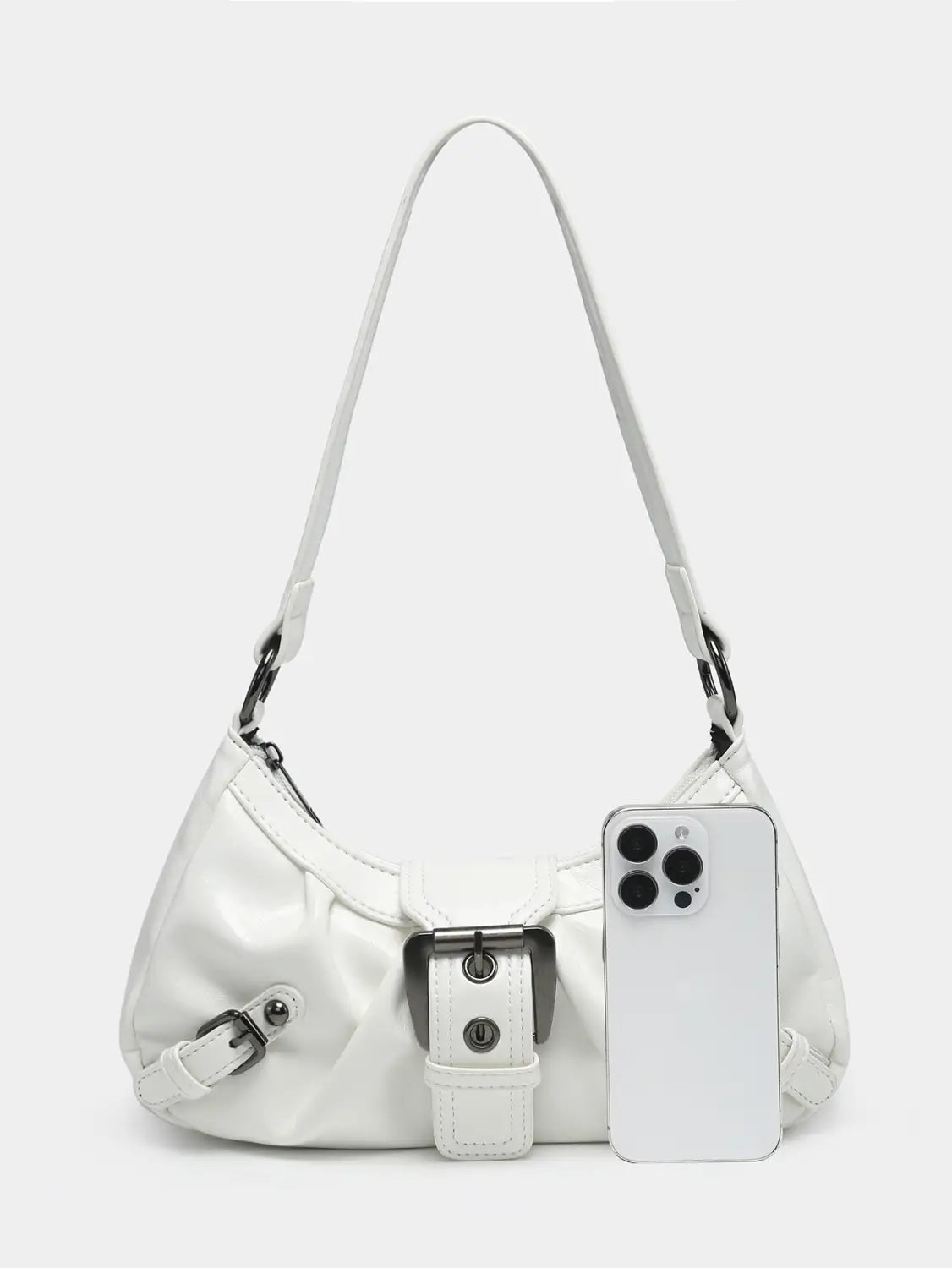 White faux leather vintage leather shoulder bag with sleek minimalist design and black metal buckle details