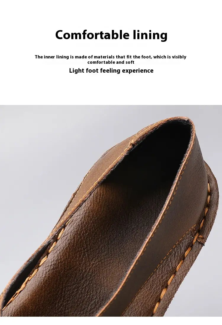 Herren-Braune Echtleder-Slip-on-Strandsandalen mit sichtbarer Ziernaht entlang der Kante.