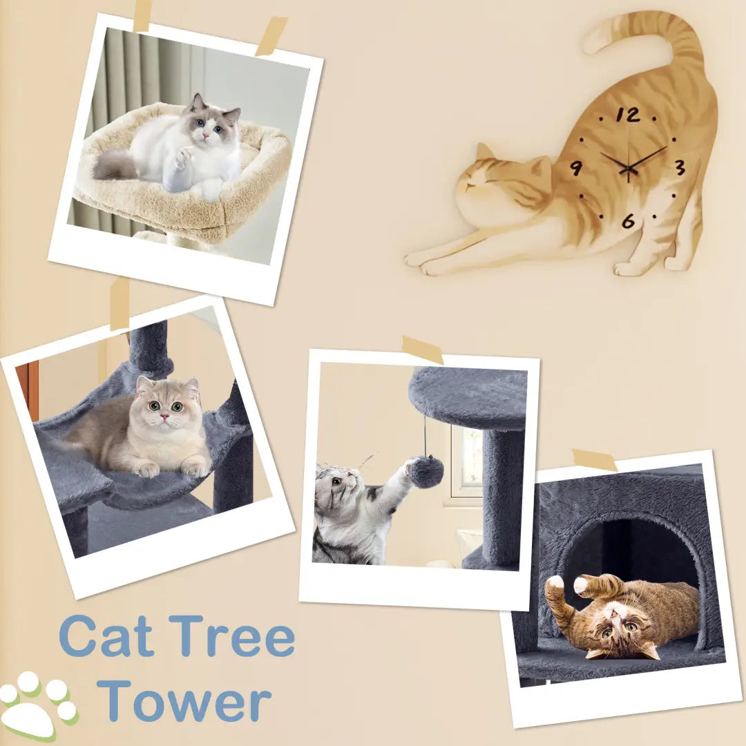 A beige plush 44 inch multi-level cat tree tower with sisal posts featuring multiple platforms and a cozy hideaway for cats.