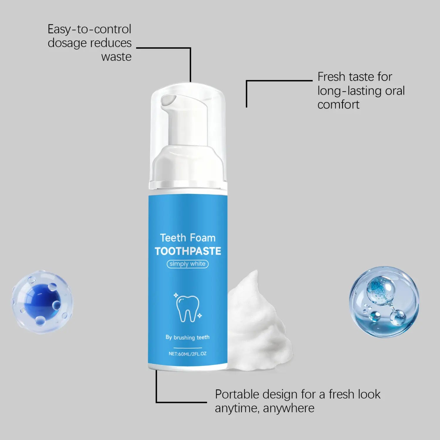 blue simply white foam toothpaste in a portable pump bottle designed for easy dispensing of mousse toothpaste