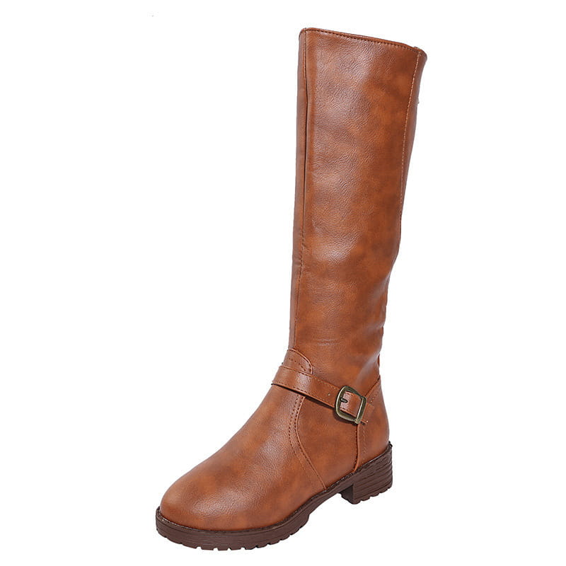 Tan faux leather knee-high knight boot with a buckle strap and low block heel displayed from the side.
