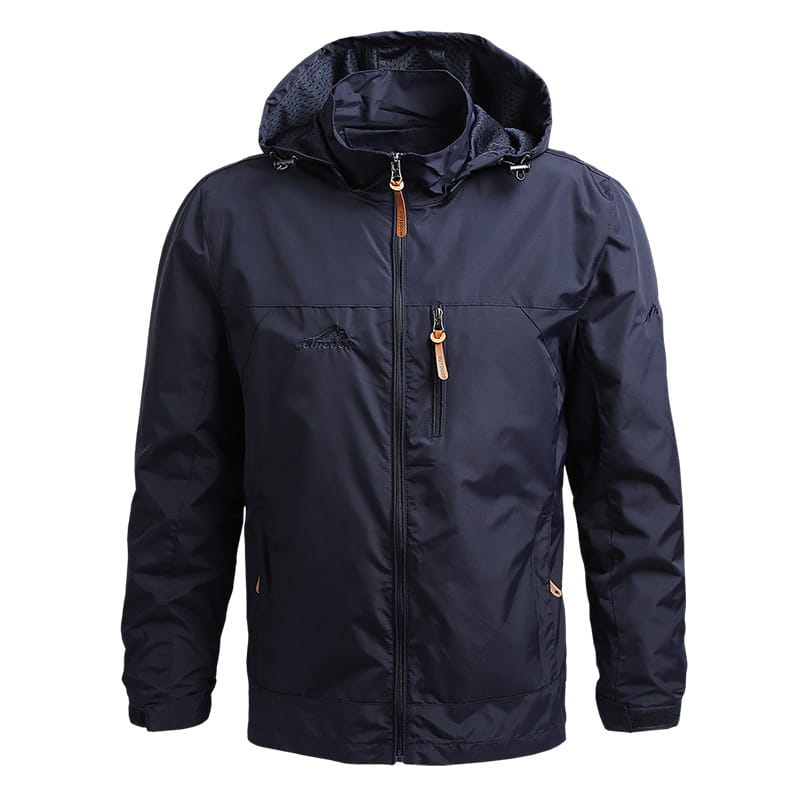 Herren-Wasserdichte Bergsteiger-Softshelljacke in Dunkelblau mit wasserfester Ausrüstung, Kapuze, Frontreißverschluss und hellbraunen Leder-Zuglaschen an den Reißverschlüssen.