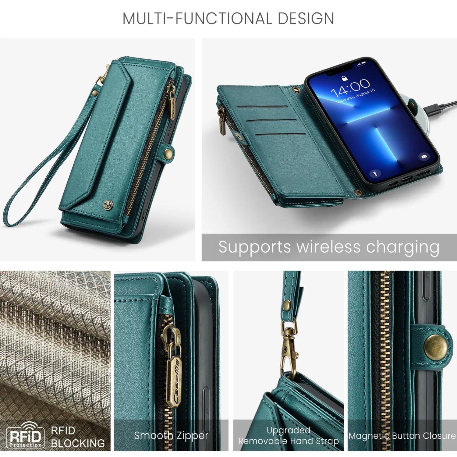 Teal leather wallet phone case with gold-tone zippers and a removable wrist strap displayed from the front.