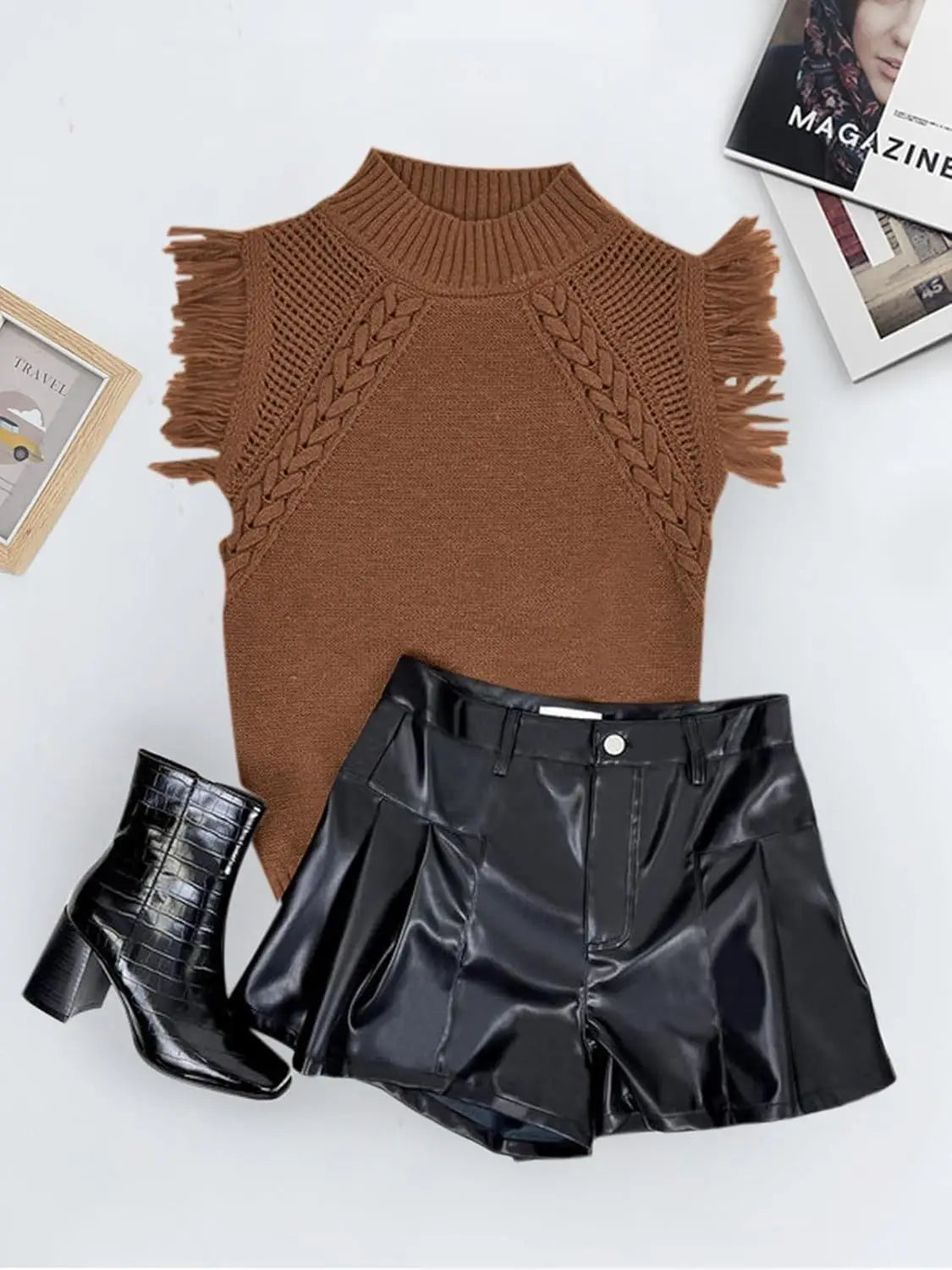 brown fringed sleeveless knit sweater vest with high neckline and braided front pattern crafted from hand-woven material