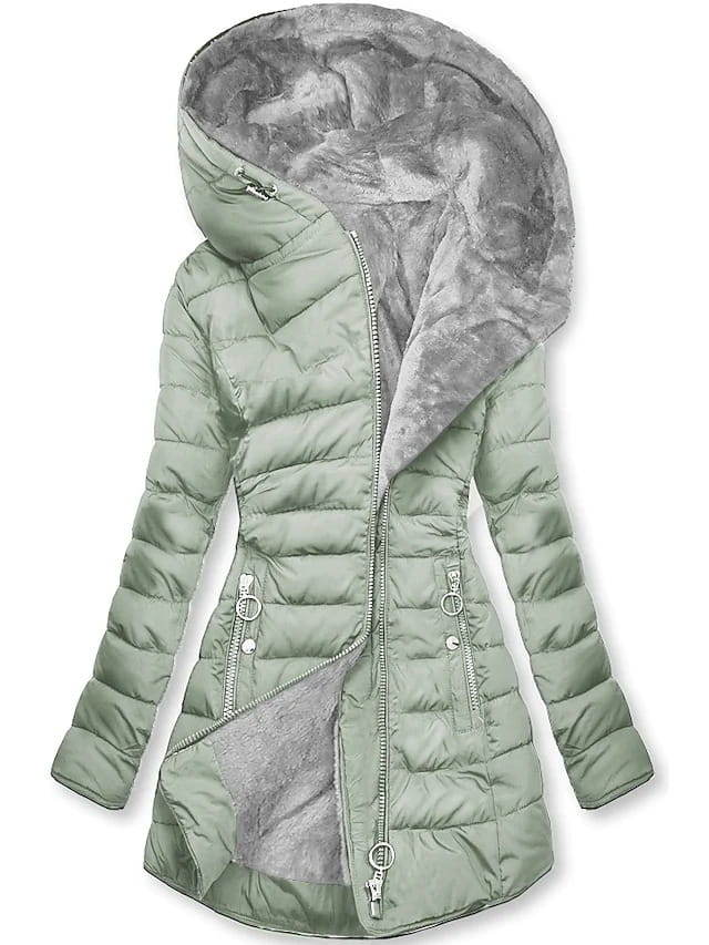 A light green quilted cotton winter coat with a detachable hood lined in soft gray faux fur designed for cold weather use.