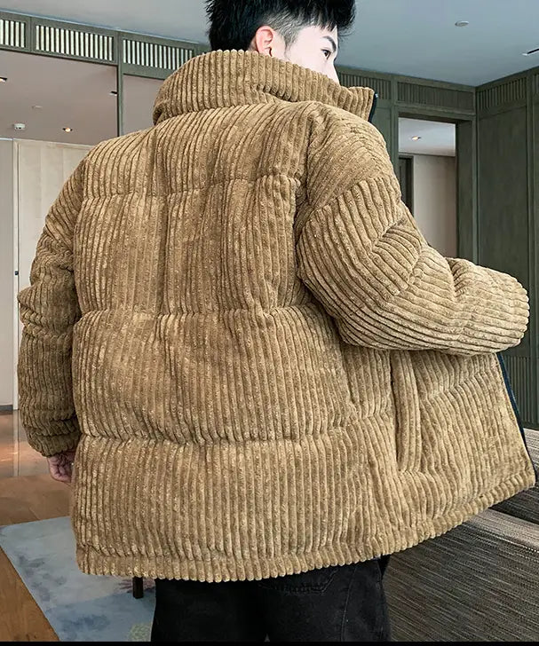 a tan thickened corduroy puffer jacket for men with a high collar and quilted design