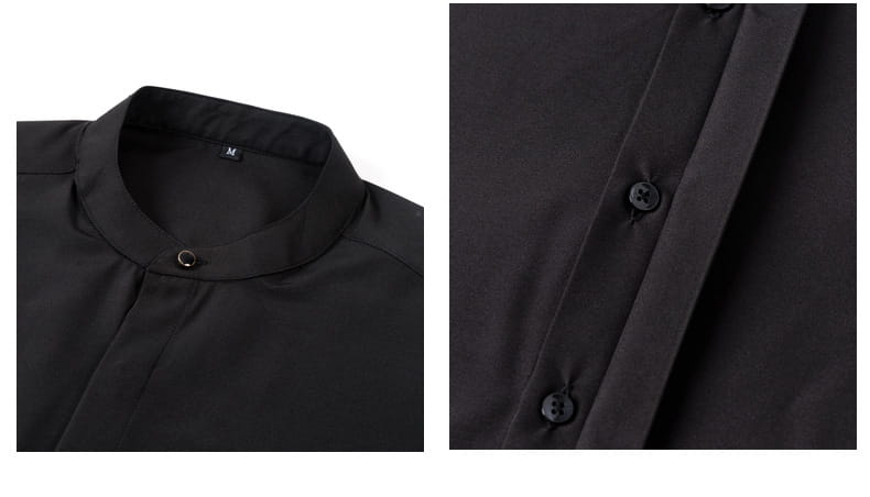 Herren-Mandarin-Kragen-Freizeithemd mit langen Ärmeln in Schwarz mit Knopfleiste und passenden schwarzen Knöpfen.