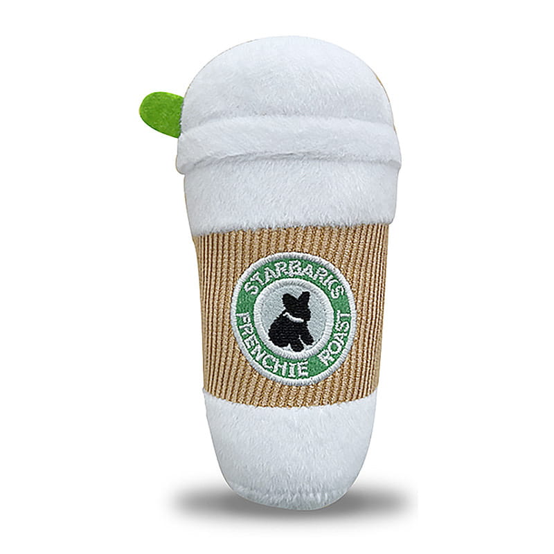 white plush dog toy designed as a coffee cup with a green leaf-shaped lid and embroidered logo from the dog plush coffee cup squeaky toy 2 pack