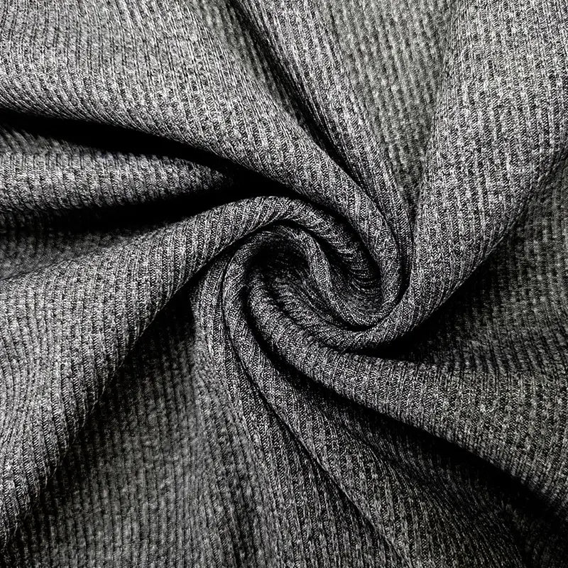women’s ruffled ribbed knit slim fit mock neck top in grey textured fabric with a subtle ribbed pattern.
