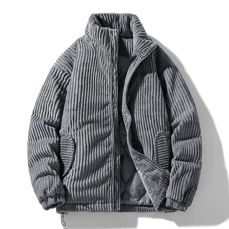 Gray corduroy puffer jacket for couples featuring a ribbed texture and quilted interior.