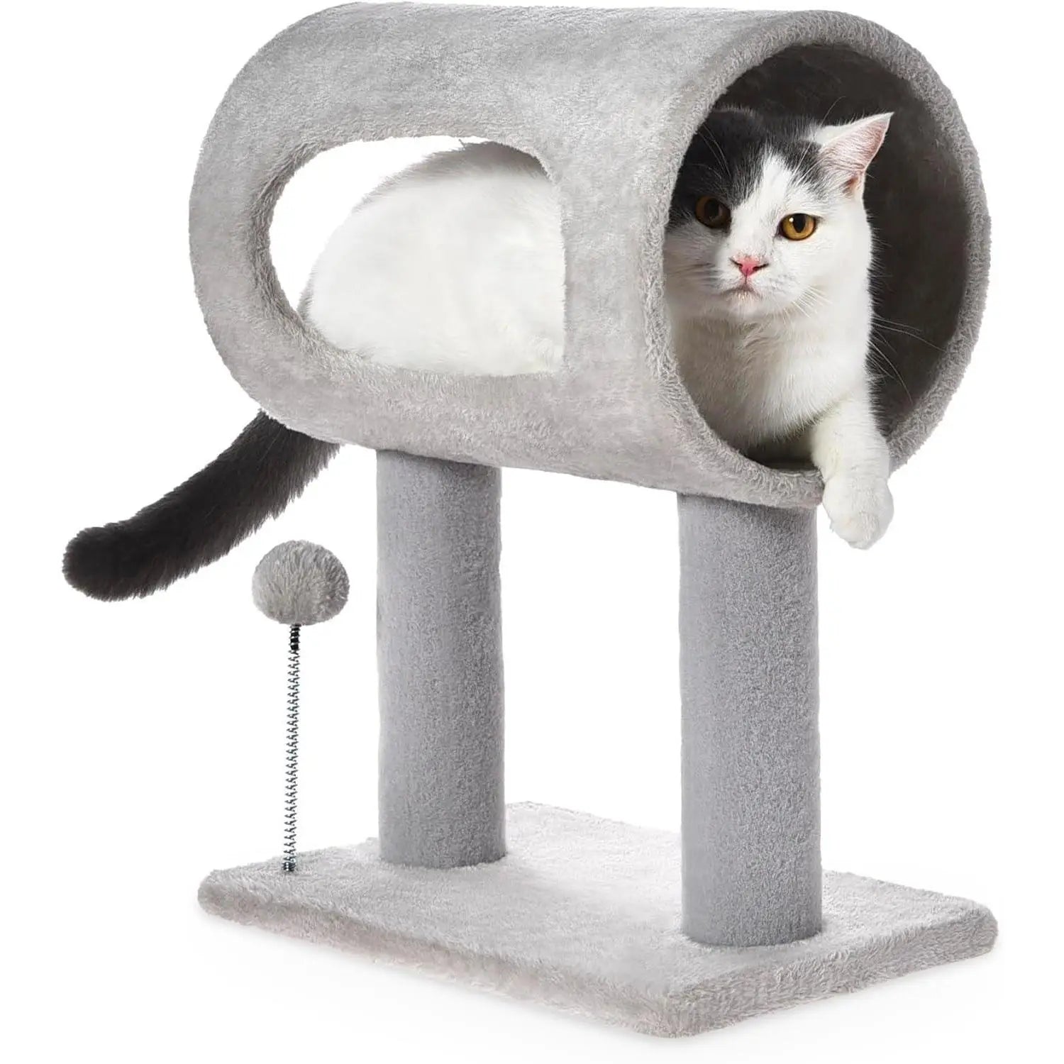 Gray plush cat tree with a rounded tunnel entrance and scratching posts designed for feline climbing and play.