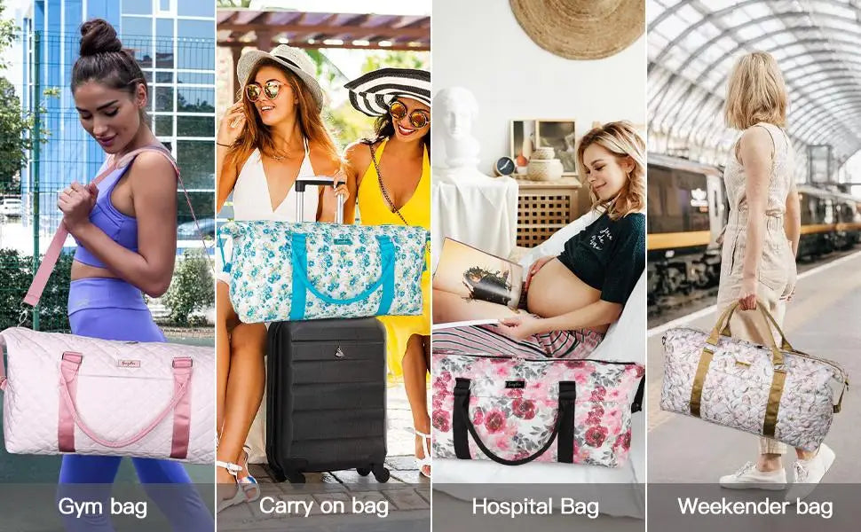 un sac de sport de voyage pour femme, matelassé rose à fleurs, avec une sangle d’épaule assortie et une trousse de toilette conçue pour des déplacements pratiques.