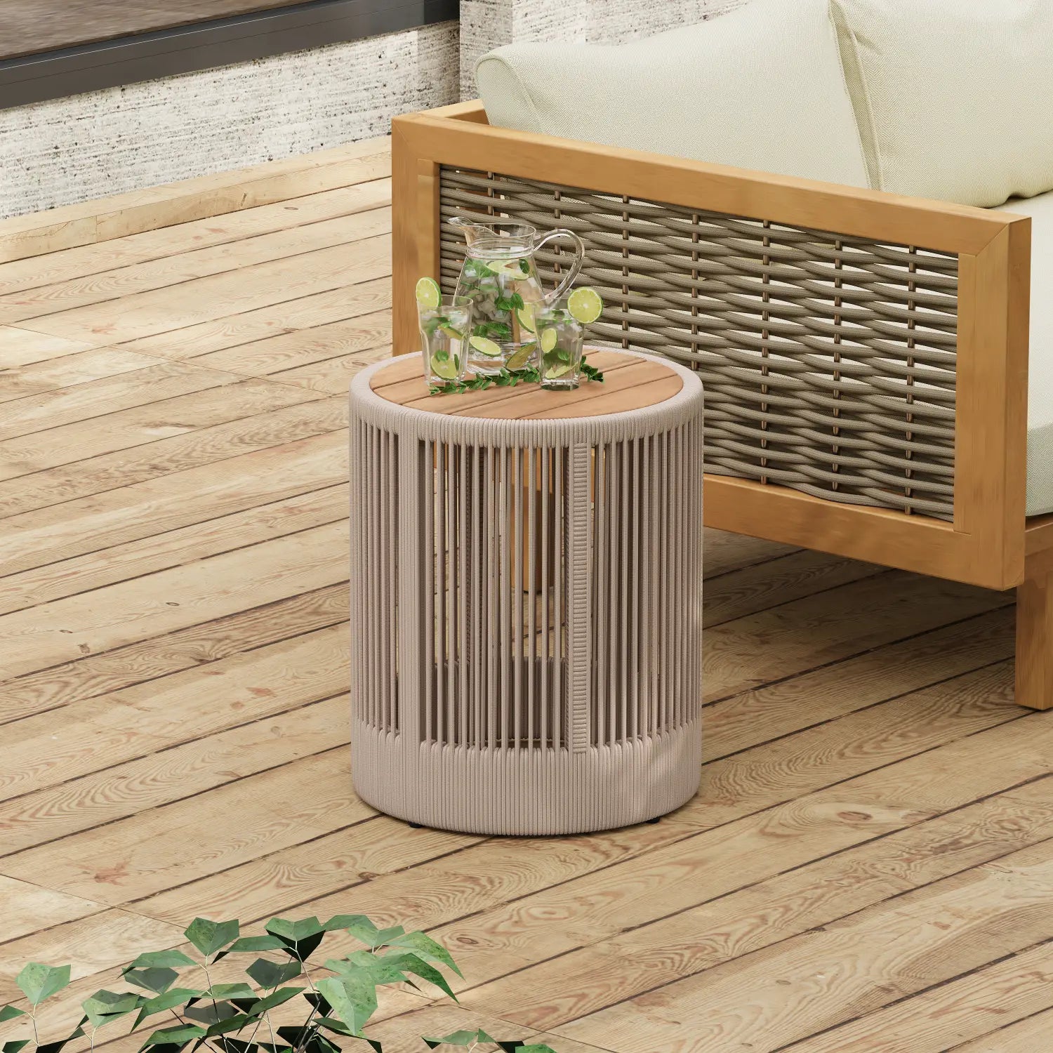 Beige cylindrical side table with vertical woven slats and a round wooden top from the rustic industrial table set woven rope coffee side table.