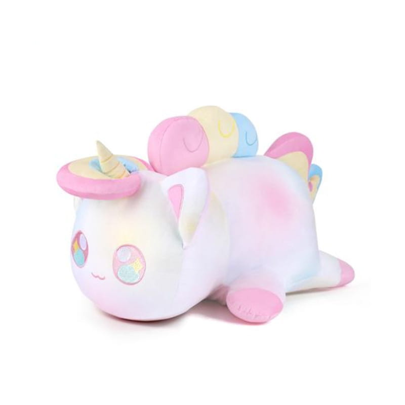 pastel-colored cat plush stuffed animal toy for kids 25cm with soft white body accented in pink and rainbow mane and tail