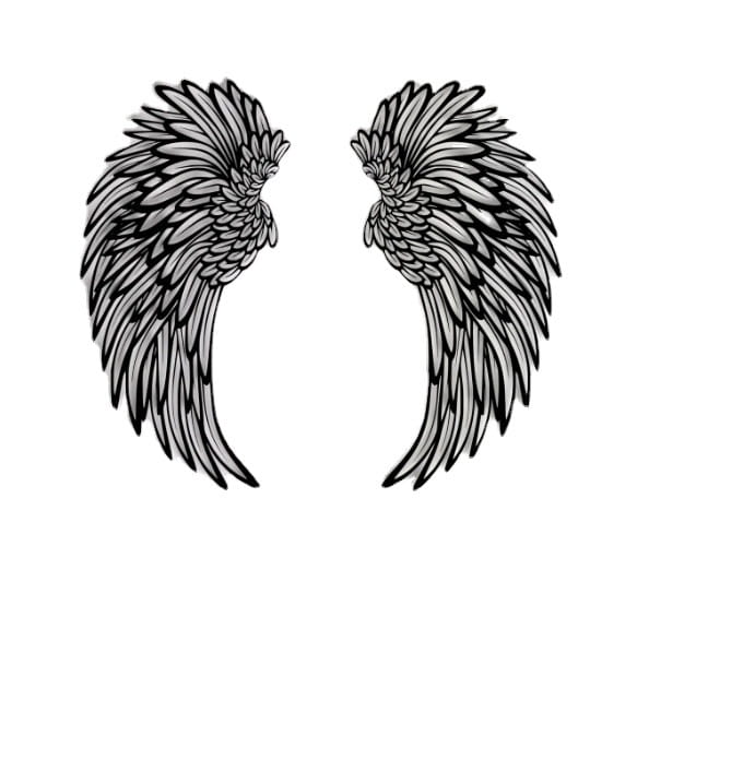 Angel wings metal wall art features a black and gray intricately detailed angel wing tattoo design illuminated by led lights.