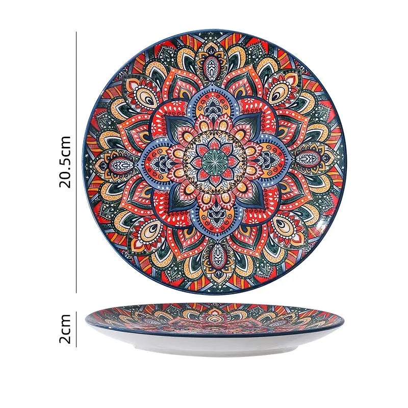 Ceramic mandala serving bowl hand painted 400ml with vibrant red orange and blue glossy finish ceramic plate pattern.