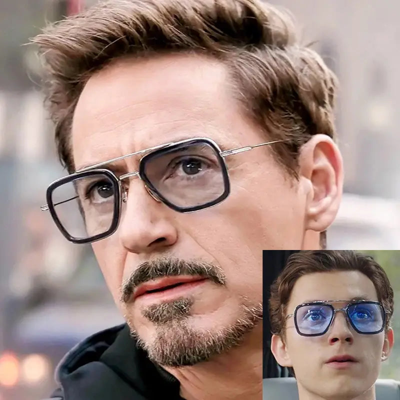 Retro square double bridge unisex fashion sunglasses with black-framed square-shaped glasses featuring metallic temples and clear lenses.