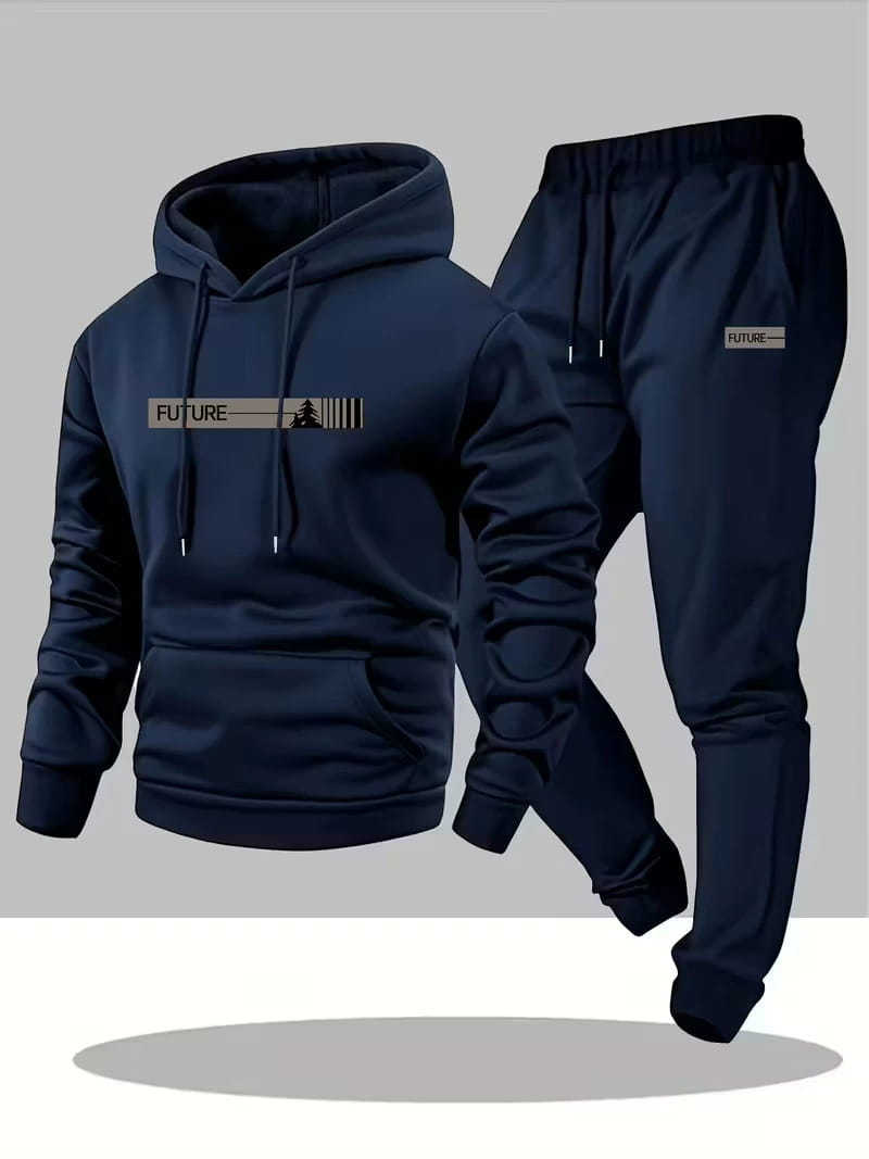 Navy blue future graphic fleece hoodie and jogger lounge set featuring a minimalist graphic design on the chest.