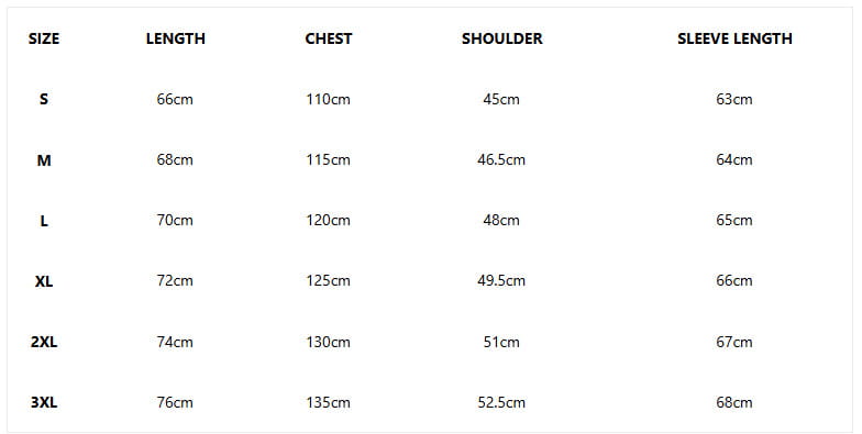 Size chart displaying measurements in centimeters for men’s casual suede zipper jacket with classic lapel collar across sizes s through 3xl.