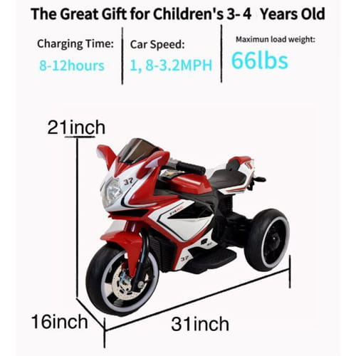 Red and white 6v kids electric ride on motorcycle with three wheels black tires and handlebars designed for children