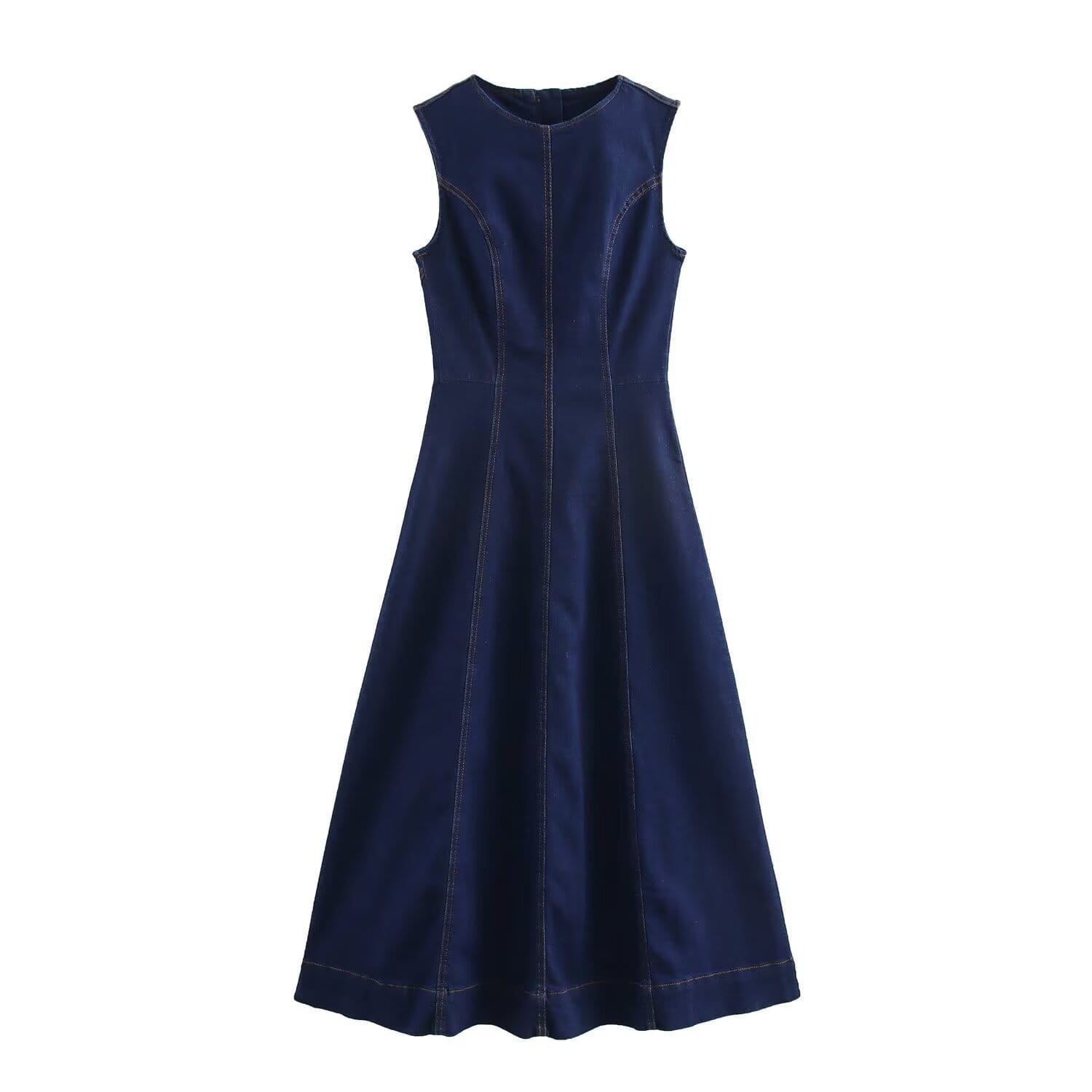 Navy crew neck sleeveless denim a-line dress featuring a fitted bodice and flared skirt in navy blue.