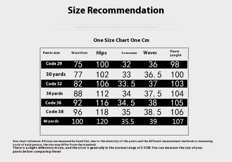 One-size-fits-all pants size chart showing waistline hips and length measurements for men’s slim fit multi pocket cotton cargo work pants.