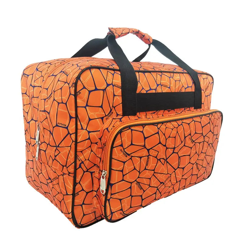 Orange multifunctional cracked pattern nylon travel duffel bag with black handles.