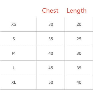 Guide des tailles pour un pull pour animal de compagnie en tricot représentant un petit lapin bleu, indiquant les mesures de tour de poitrine et de longueur en centimètres, de la taille XS à XL.